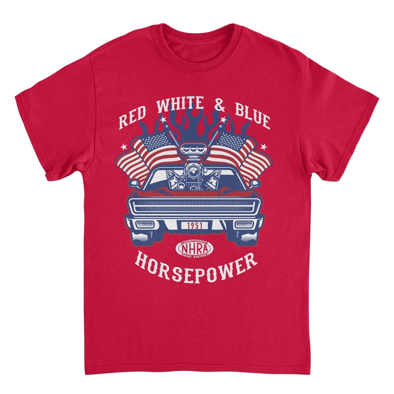 NHRA Red White and Blue Horsepower Blue Heat Red Mens T Shirt
