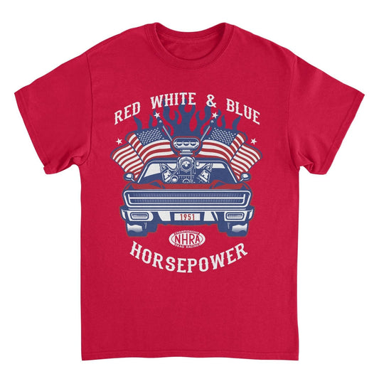 NHRA Red White and Blue Horsepower Blue Heat Red Mens T Shirt