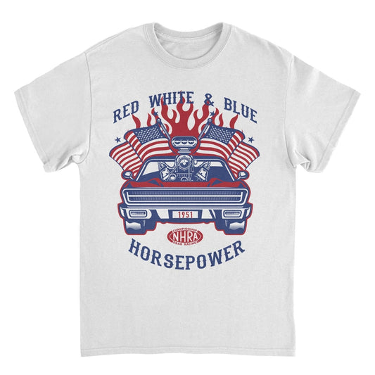 NHRA Red White and Blue Horsepower Red Heat White Mens T Shirt