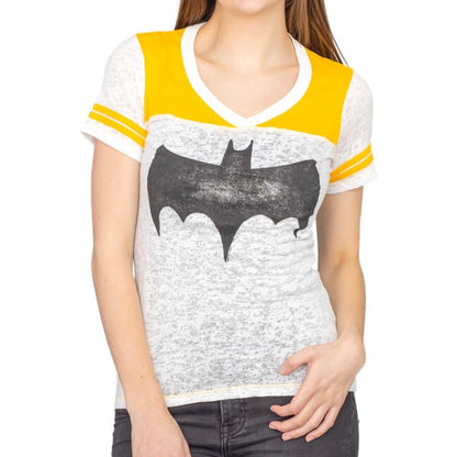 Vintage Batman Logo Juniors Burnout T Shirt with Striped Sleeves