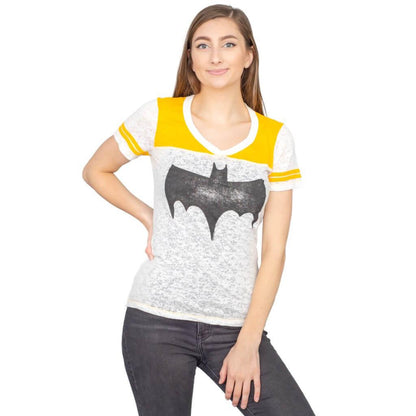 Vintage Batman Logo Juniors Burnout T Shirt with Striped Sleeves