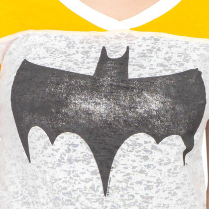 Vintage Batman Logo Juniors Burnout T Shirt with Striped Sleeves
