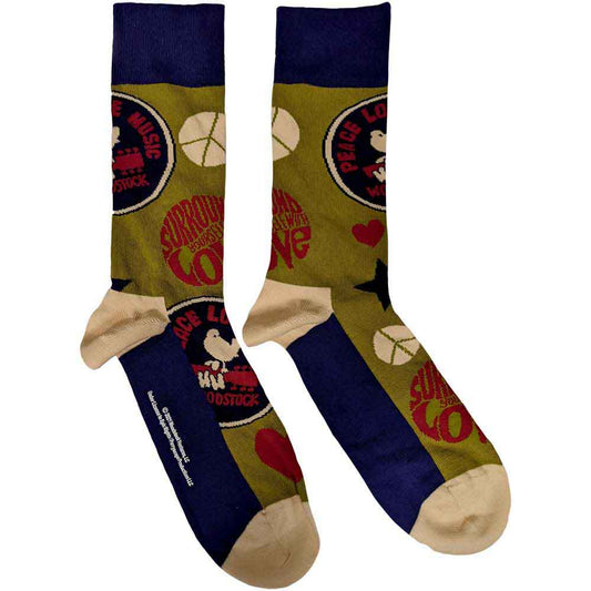 Woodstock Peace - Love - Music Socks Green