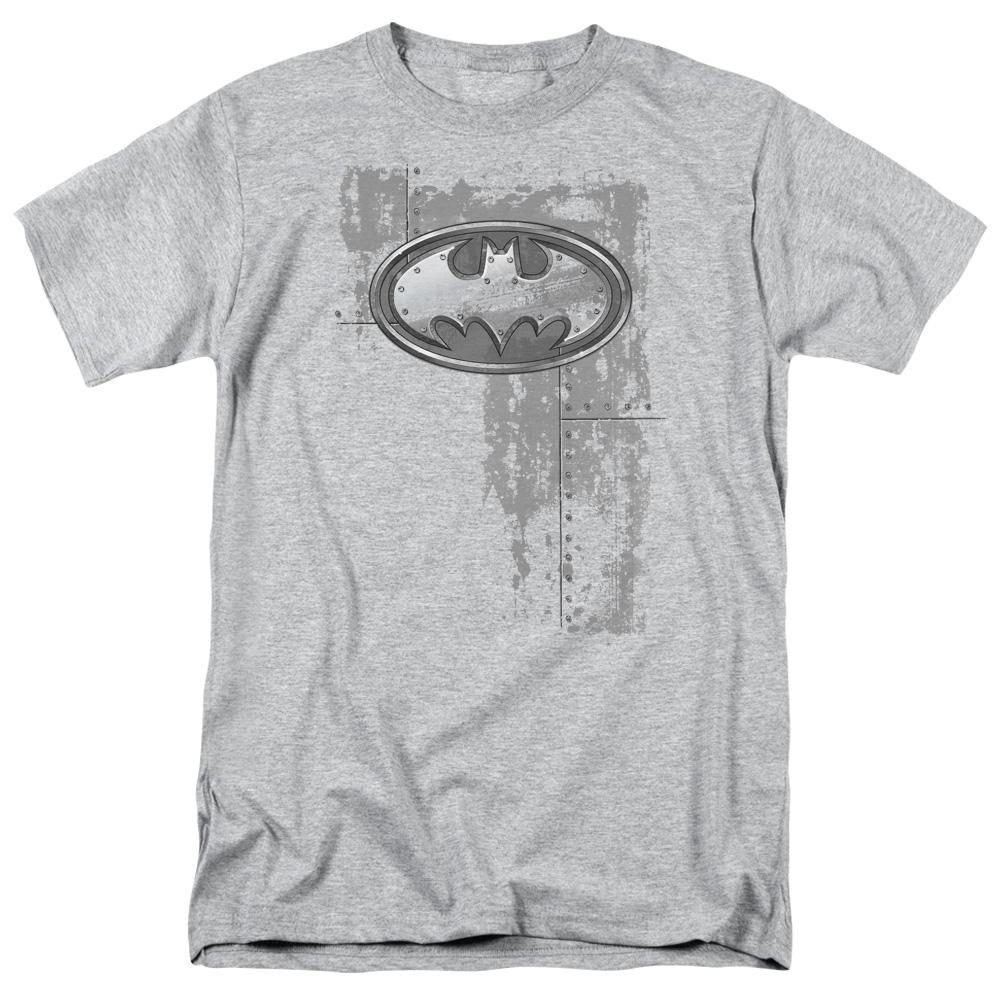 Batman Rivited Metal Logo Mens T Shirt Athletic Heather