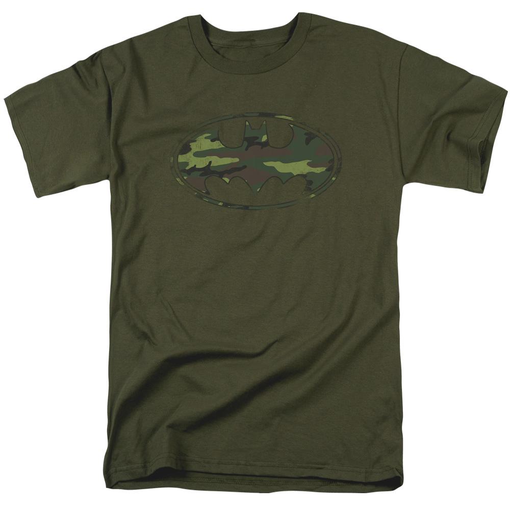 Batman Distressed Camo Shield Mens T Shirt Military Green