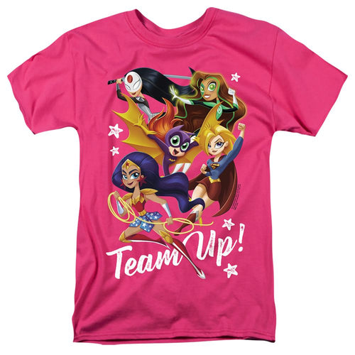 DC Comics Superhero Girls Team Up Mens T Shirt Hot Pink