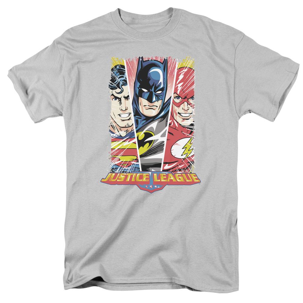 Justice League Hero Triptych Mens T Shirt Silver